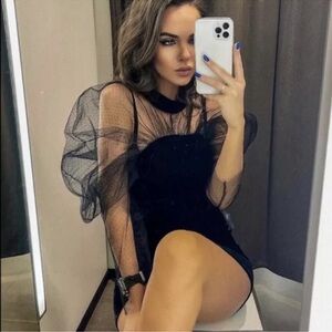 Elegant Black Mesh Sleeve Dress